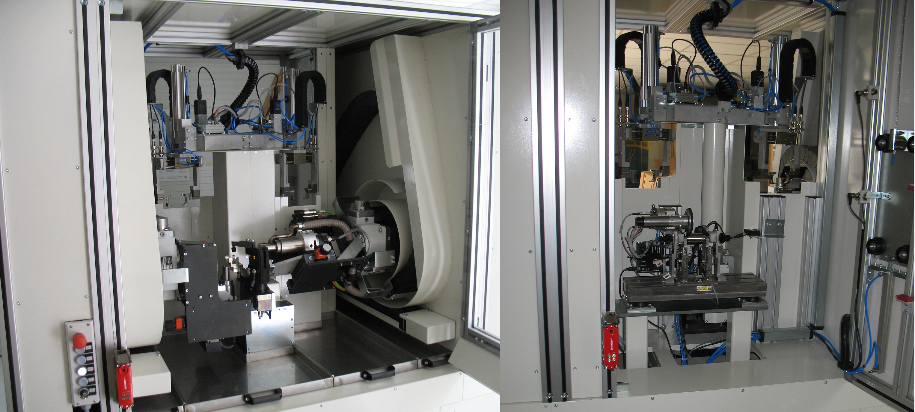 Halbautomat mit Handling System und automatischem Unwuchtausgleich, <br />
für Rotoren bis ca. 1kg Masse<br />
links: Bereich Unwuchtausgleich über radiales und axiales Bohren<br />
rechts: Bereich Unwuchtmessung Halbautomat mit Handling System und automatischem Unwuchtausgleich, <br />
für Rotoren bis ca. 1kg Masse<br />
links: Bereich Unwuchtausgleich über radiales und axiales Bohren<br />
rechts: Bereich Unwuchtmessung